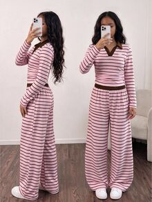 SHEIN 少女秋季穿搭 Coquette 風粉色條紋 2 件套 對比棕色領修身 Polo 上衣與寬鬆寬腿長褲 可愛蝴蝶結圖案 秋季校園穿搭 - 粉色 - 查看 3