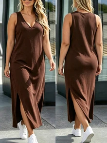 Silhoulove Plus Size Women Solid Color Casual Daily Summer Dress - Coffee Brown - View 1
