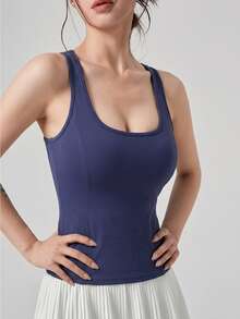 DAZY Solid Color Racerback Fitted Sports Tank Top Fall - Blue - View 1