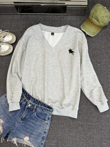 SHEIN EZwear 女款V領寬鬆大尺寸休閒極簡馬匹圖案衛衣，適合秋冬穿著 - 灰色 - 查看 4