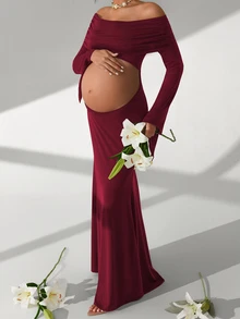 Cheriluna Maternity 女款露肩抓皺短版上衣 長袖緊身 孕婦拍照拍攝用 - 酒紅色 - 查看 3