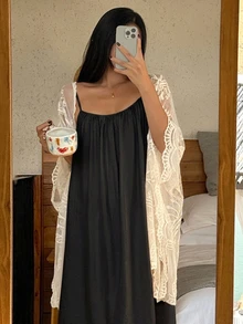 DAZY 2件組蕾絲寬鬆女款睡衣套裝 秋季 - 黑色 - 查看 5
