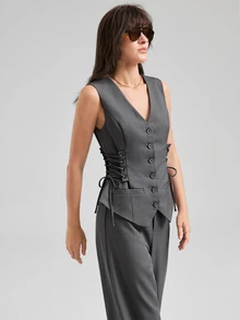 Ontre Women's Gray V-Neck Sleeveless Blazer And Straight-Leg Capri Pants, Urban Fashion Business Casual Office Work Wear, Elegant Commuter Suit Set Summer - Grey - View 5