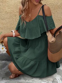 SHEIN Clasi 女款優雅波西米亞休閒細肩帶露肩舒適純棉素色深綠色A字裙 度假夏季 - 墨綠色 - 查看 4