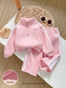 Cozy Pixies 女嬰秋冬抓絨個性化時尚刺繡字母拉鍊連帽外套與長褲兩件套，適合外出、居家及其他場合 - 粉色 - 查看 5