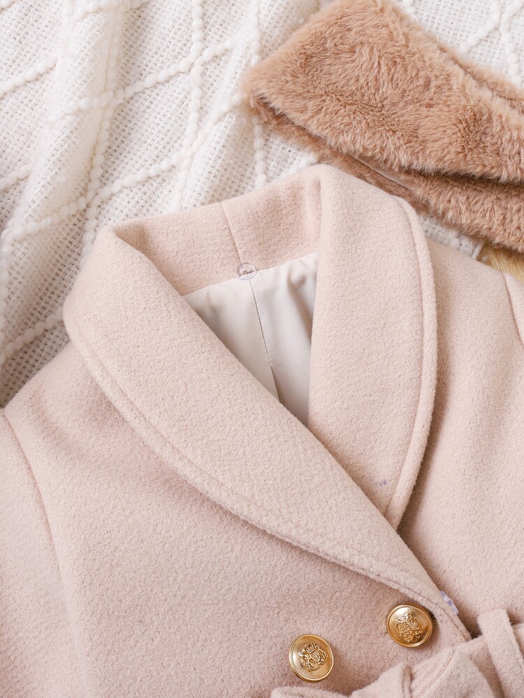 Cozy Pixies معطف صوف مبطن بالفرو الصناعي للبنات الصغيرات والفتيات الصغيرات، متعدد الاستخدامات، موضة خريف/شتاء، مزيج صوف مع تصميم رقعات، ياقة فرو صناعي ناعم، طول متوسط مع حزام، معطف صوف مبطن بالفليس، جاكيت معطف خريف/شتاء - كاكي - مشاهدة 6