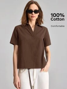 Ontre 女款純色 Polo 領短袖襯衫 法式優雅復古風 適合夏季辦公通勤休閒 棕色調 - 棕色 - 查看 6