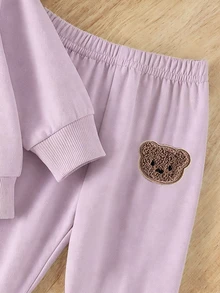 新生女嬰盲盒套裝 1件隨機款（共3款）休閒可愛熊刺繡效果印花圓領長袖抓絨衛衣與熊圖案運動長褲，柔軟面料，適合外出，秋冬款 - 彩色 - 查看 3
