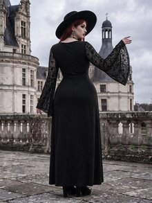 Whyspr Dark Mesh Flocked Long Sleeve High Slit Sexy Dress Plus Size - Black - View 2