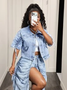 Slaydiva Women's Single-Breasted Casual Daily Denim Top - Blue - View 5