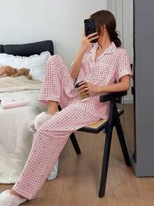 Dream Adore Bubble Crinkle Polka Dot Plaid Print Short Sleeve Long Pants Pajama Set - Pink - View 6