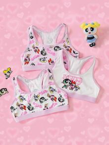 THE POWERPUFF GIRLS X SHEIN Tween Girl Letter Cartoon Print Casual Daily Tank Top - Pink - View 3