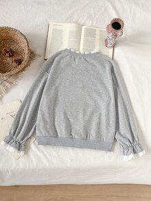 SHEIN 女童休閒韓系拼接白色蕾絲刺繡領口袖口喇叭蕾絲袖衛衣，適合外出、上學、通勤 - 淺灰色 - 查看 2