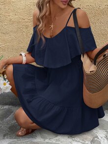 SHEIN Clasi 女款優雅波西米亞休閒細肩帶露肩舒適純棉純色海軍藍A字連身裙 度假夏季 - 藏蓝色 - 查看 4