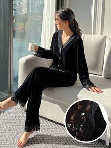 DAZY 女款對比色蕾絲長袖單排扣上衣與長褲居家服套裝 - 黑色 - 查看 5
