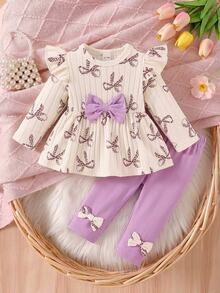 SHEIN Vintaside Kids 2件組新生女嬰杏色蝴蝶結豹紋圓領長袖荷葉袖抓絨內裡羅紋軟布料T恤＋彈性腰休閒粉色長褲，可愛時尚韓風甜美套裝，適合秋冬日常穿著、旅行、度假、派對及其他室內/戶外場合 - 紫色 - 查看 3
