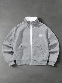 PAVTROS Men's Casual Zip-Up Sweatshirt-Less Sweatshirt, Heather Grey Knit Fabric, Stand Collar, Small Logo, Colorblock Design - Grey - View 5