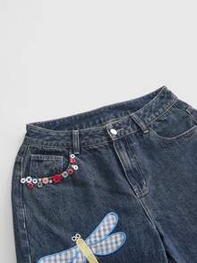 ROMWE Y2K Millennium Retro Plaid Dragonfly & Ladybug Applique Embroidered Loose Casual Low Waist Women's Jeans - Blue - View 3