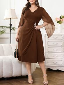 Reflora Vestido de fiesta casual con escote en V y decoración de strass para mujer talla grande - Marrón - Ver 7