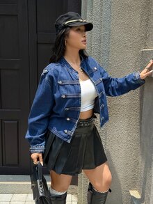 Rivivi Summer New Button-Down Loose Fit Plus Size Denim Jacket - Blue - View 4