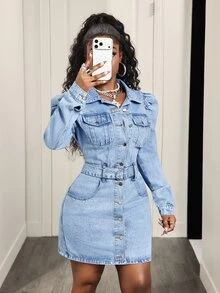 Slaydiva Gaun Denim Wanita Gaya Kasual Jalanan - Biru - View 5