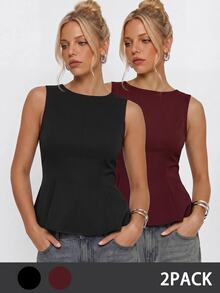 Avantive Atasan Wanita Polos Kasual Serbaguna untuk Pemakaian Sehari-hari, 2pcs/Set - MultiWarna - View 3