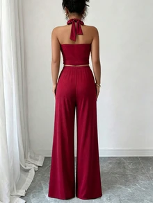 Selianne New American Retro Y2K Hot Girl Ribbed Set Metal Flower Slim Fit Flattering Short Spaghetti Strap Tank Top + Straight Leg Pants Women's 2 Pieces Set - Burgundy - View 3
