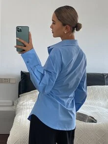 DAZY Blus Kasual Wanita Lengan Panjang Kerah Asimetris Pas Badan Warna Polos untuk Liburan Musim Semi/Gugur - Biru - View 5