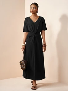 Zivah Spring/Summer New Casual Vacation Solid Color Knot Dress - Black - View 10