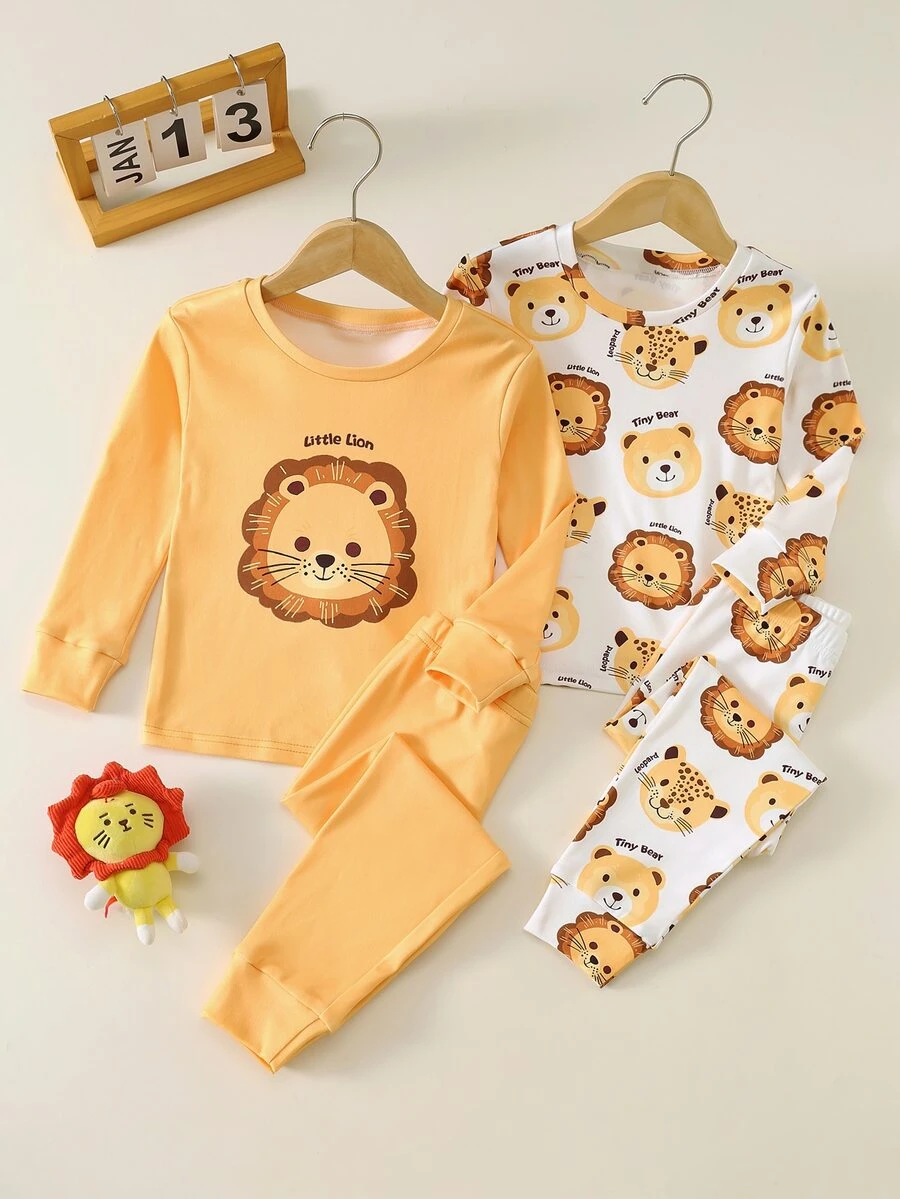 Bubblio Young Boys 4pcs Little Line, Little Tigers Cartoon Lion Pattern Autumn/Winter Simple Comfortable Pattern Decor Crew Neck Long Sleeve T-Shirt + Pajama Pants Pajama Set - Multicolor - View 1