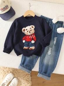 SHEIN Young Boy Casual Minimalist Fashion Warm Comfortable Classic Collegiate, Bear Pattern, Cute Style, Sweater Suitable For Autumn/Winter - Navy Blue - View 3
