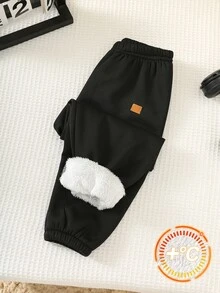 SHEIN 男童休閒學院風加厚保暖內裡運動長褲，適合通勤、上學與日常休閒穿著 - 黑色 - 查看 1