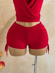 Soleia Women's Lace Patchwork Pleated Top And Tie-Up Shorts Sexy 2 Pieces Set - Red - View 4