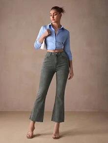 SHEIN EZwear 女款休閒百搭日常旅行牛仔褲，附口袋與鈕扣設計 - 軍綠色 - 查看 7