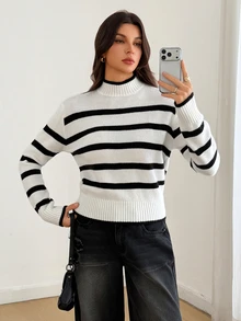 SHEIN Tall Women's Black And White Striped Turtleneck Long Sleeve Casual Sweater - Black and White - View 3