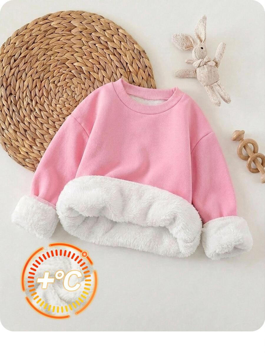 SHEIN Baby Girl Autumn/Winter Cute Thermal-Lined Solid Color Versatile Long Sleeve Sweatshirt - Pink - View 1