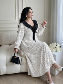 Vibekara New Elegant Fashion Minimalist Commuter Style Contrast Color Wide Ruffle Collar Puff Long Sleeve Dress, Vacation Polka Dot Element Patchwork Contrast Color Dress - Multicolor - View 7