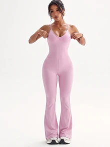 SHEIN Core Rhythm Women's Solid Color Waist-Cinching Butt-Lifting Fitness Workout Jumpsuit - Baby Pink - View 4