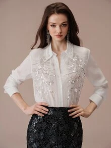 BELROSIE Commuter Design 3D Floral Sequin Applique Embroidered Sheer Casual Elegant Long Sleeve Shirt Bar Party Night Dinner White Floral Summer Wedding - White - View 3