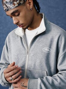 PAVTROS Men's Casual Zip-Up Sweatshirt-Less Sweatshirt, Heather Grey Knit Fabric, Stand Collar, Small Logo, Colorblock Design - Grey - View 3