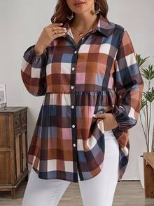 EMERY ROSE Plus Size Women's Plaid Pleated Casual Versatile Daily Wear Shirt Fall - Multicolor - View 1