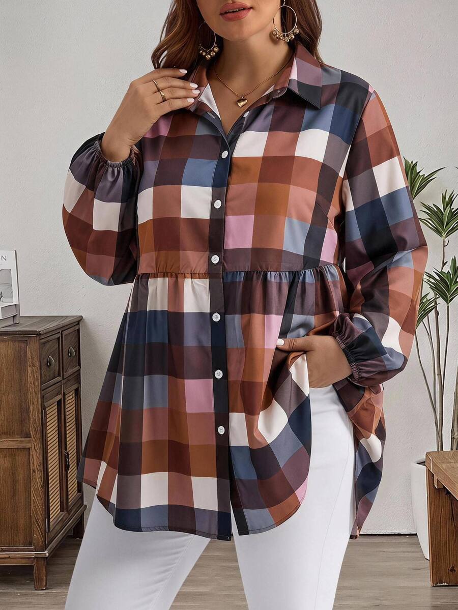 EMERY ROSE Plus Size Women's Plaid Pleated Casual Versatile Daily Wear Shirt Fall - Multicolor - View 1
