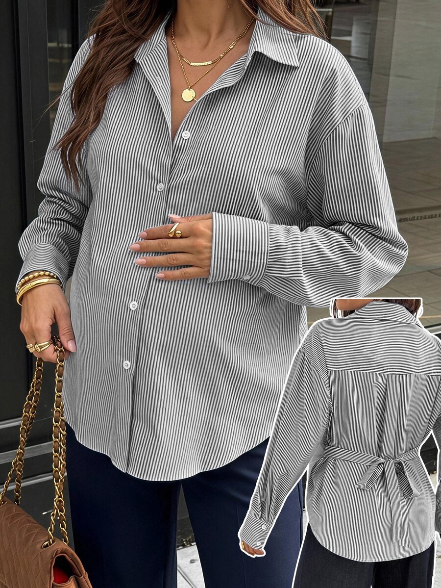 SHEIN 孕婦條紋休閒百搭日常穿著襯衫 - 黑與白 - 查看 1