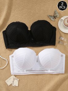 SHEIN Plus Size Lace Sexy Bra With Underwire Bandeau Women's Lingerie + Transparent Shoulder Straps 2pcs Set - Black and White - View 1