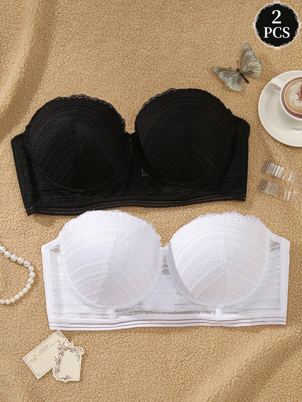 SHEIN Sutiã Sexy de Renda Plus Size com Aro e Bandeau, Lingerie Feminina + Alças Transparentes, Conjunto de 2 Peças