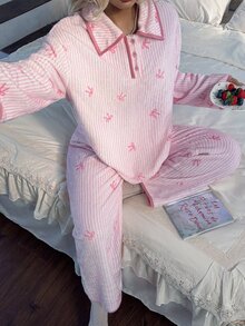 CottageSlumber Set Piyama Wanita Musim Gugur/Dingin, Motif Garis-Garis Mewah, Pita, Trim Blok Warna, Kerah Kancing Setengah - Baby Pink - View 6