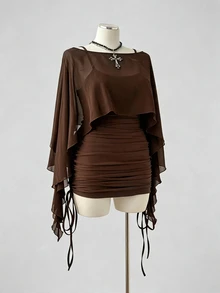 Sunspun Plus Size Spring/Summer Sheer Top & Slim Fit Drawstring Camisole Dress 2 Pieces Set - Coffee Brown - View 5