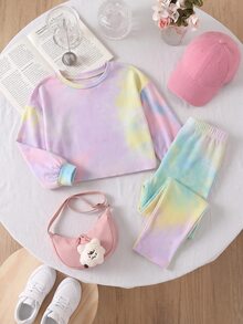 2pcs/Set Young Girl Fashion Casual Drop Shoulder Ribbed Knit "Smiling Face" Pattern T-Shirt & Leggings Pink Set - Comfortable Autumn Ribbed Knit Casual Outfit For Girls - Multicolor - View 5
