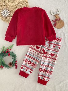 SHEIN Playful Pals Infant Girl Embroidered Red Top & Christmas Pants Fuzzy Set, Comfortable Soft Skin-Friendly Fabric, Suitable For Sleepwear - Red - View 2