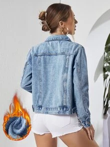 SHEIN Essnce 秋季休閒短版牛仔夾克 - 中等水洗藍 - 查看 2